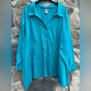 Catherines Button Front Blouse Size 5X Blue Casual Collared Long Sleeve Spring
